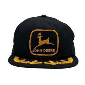 Vintage K-Products John Deere Black‎ Snapback Trucker Hat Patch Gold Leaf